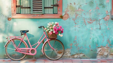 Pink vintage bike with basket full of flowers next to an old cyan building