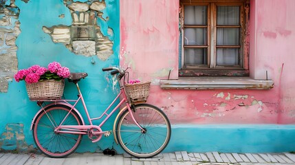 Pink vintage bike with basket full of flowers next to an old cyan building