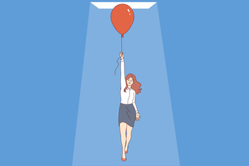 Woman achieves success in business and flies up in balloon thanks to professional actions. Ambitious businesswoman achieves progress on career ladder with help emotional intelligence and soft skills
