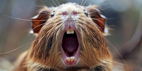 Guinea Pig Dental Malocclusion: The Drooling and Weight Loss - Picture a guinea pig with highlighted teeth showing misalignment, experiencing drooling and weight loss - obrazy, fototapety, plakaty
