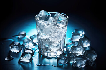 A glass of ice cubes sits on a sleek black table, ready to quench thirst and add a refreshing touch to any party or gathering.