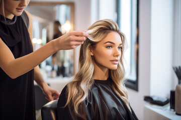 Fototapeta premium Fashionable lady with curly hair getting a haircut and dye from a talented hairdresser.