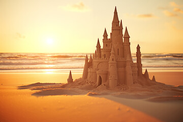 Creative sandcastle standing tall on a sunny beach, sparking childhood imagination.