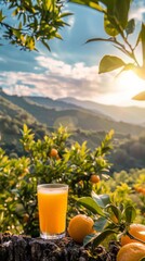 Celebrating National Orange Juice Day with Fresh Citrus Drink Amidst Sunny Orchard Scene