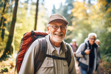 A group of seniors enjoys a leisurely hike in the countryside, their smiles reflecting the joy of adventure and friendship.