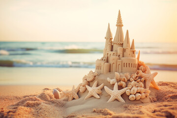 A solitary sandcastle stands proudly on the beach, a symbol of summer vacation and seaside leisure against a backdrop of blue skies and gentle waves.