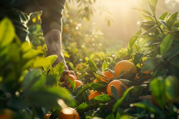 Fresh Orange Harvest in Florida Orchard - Farmer Picking Fruit in Morning Light for National Orange Juice Day - obrazy, fototapety, plakaty