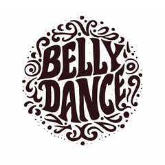 A black and white LOGO drawing of a circle with the word "belly dance" written in white