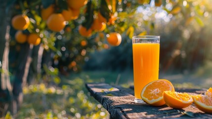 National Orange Juice Day Celebration with Fresh Citrus Beverage and Rustic Orchard Backdrop