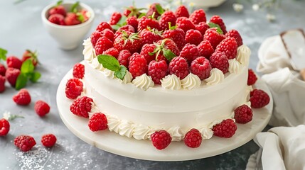 raspberry cake and many fresh raspberries fresh spring cream cake with berries