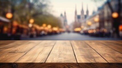 The empty wooden table top with blur background of European street. Exuberant image. generative AI - obrazy, fototapety, plakaty