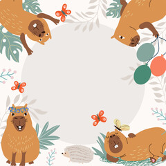 Cheerful copybara in corners of stylish frame for holiday card dedicated to cute tropical animal. Funny copybara waves paddles and holds balls or sleeps on green grass around copy space