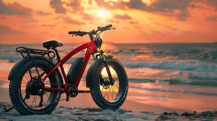 red modern mid drive motor city touring or trekking e bike pedelec with electric engine middle mount battery powered ebike at beach