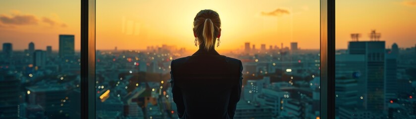 A businesswoman in a high-rise office, gazing across the city in professional attire during the early morning hours - obrazy, fototapety, plakaty