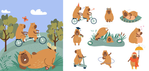 Happy copybars relaxing in nature and riding bicycles or diving into swamp to cool off in hot weather. Collection of several cute animals for design of copybars day cards or children clothing