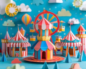 Papercraft art stock image of a colorful carnival scene, paper ferris wheel and booths, festive and joyful mood