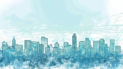Urban Skyline with Abstract Blue Watercolor Strokes