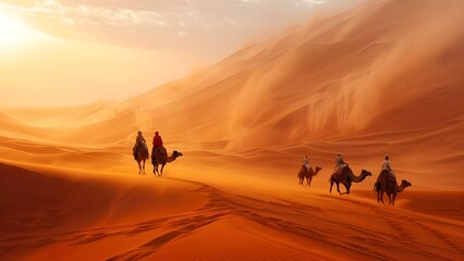 Desert landscape with dunes sandstorms nomads camels and scorching heat. Concept Desert Landscape, Sand Dunes, Sandstorms, Nomad Culture, Camels