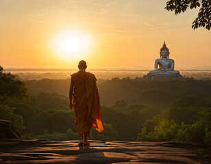 Golden Solitude: A Monk's Journey for Dharma at Sunset - obrazy, fototapety, plakaty