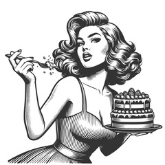 pin-up girl savoring a piece of cake encapsulating classic beauty and indulgence sketch engraving generative ai fictional character vector illustration. Scratch board imitation. Black and white image.