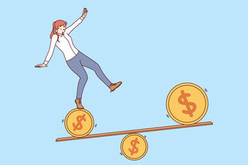 Lack of financial stability causes trouble for business woman who is forced to balance on swing made of coins. Concept of financial performance fluctuations and stock market volatility