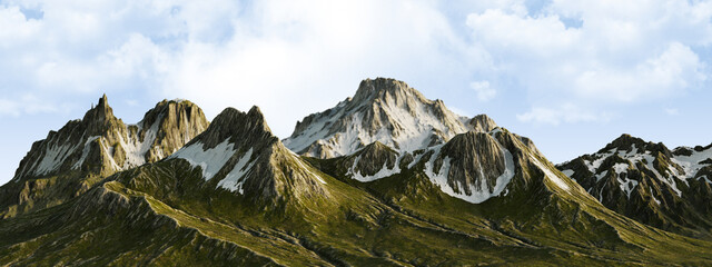 Breathtaking View of Snow-Capped Mountain Peaks Under a Cloudy Sky. 3D rendering.