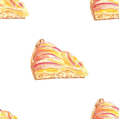 Apples pie, cake seamless pattern hand painted. Watercolor botanical illustration. Art food design, wallpaper, textile, wrapping paper, scrapbooking, menu