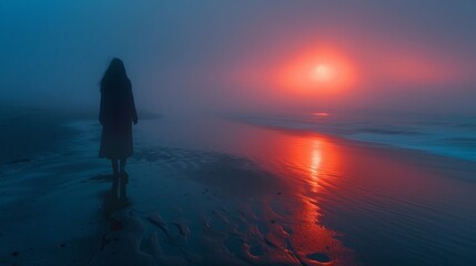 A woman reflects in solitude on a quiet beach at dawn, bathed in soft morning light - obrazy, fototapety, plakaty