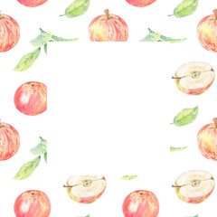 Apple sliced watercolor frame postcard red isolated illustration. Autumn fruit for logo, menu, card. Art for design. Healthy eating food