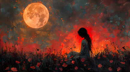 Lunar Eclipse Reverie: Serene Oil Painting of Night Garden During Celestial Event - obrazy, fototapety, plakaty