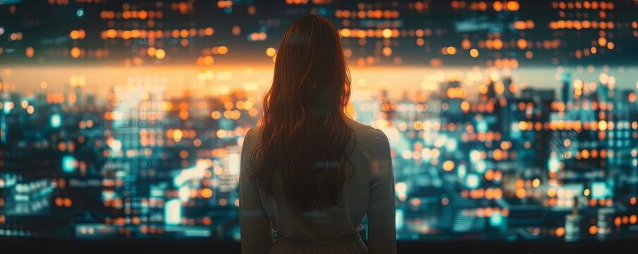 Corporate woman in a high-tech office strategizes over digital data, embracing a futuristic vibe