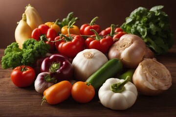 'still life vegetables isolated brown background vegetable food nourishment diet vegetarian agriculture grocery artichoke peper onion cabbage lettuce tomatoes courgette radish aubergine carrot'
