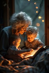Elderly woman shares a tale with kids in cozy indoor light, fostering a love for storytelling
