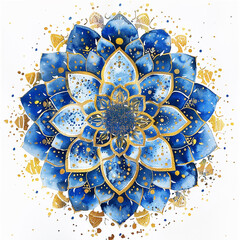 A blue and gold mandala flower with gold accents. The flower is a symbol of peace and love