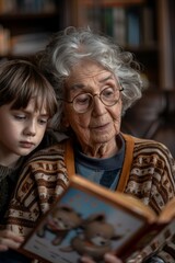An elderly woman is sharing stories with her grandchildren in a cozy indoor setting, fostering family bonding