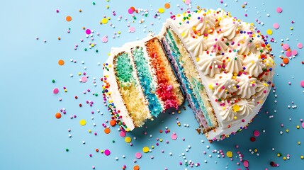 Sliced confetti birthday cake with rainbow colored icing and sprinkles over a blue background