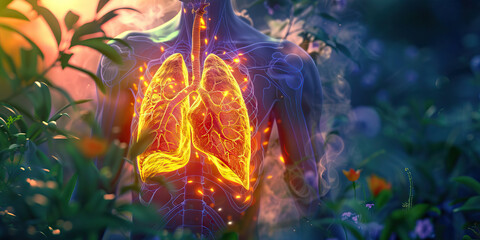 Fototapeta premium Pulmonary Embolism: The Chest Pain and Shortness of Breath - Visualize a person with highlighted lungs showing blocked artery, experiencing chest pain and shortness of breath, illustrating the symptom