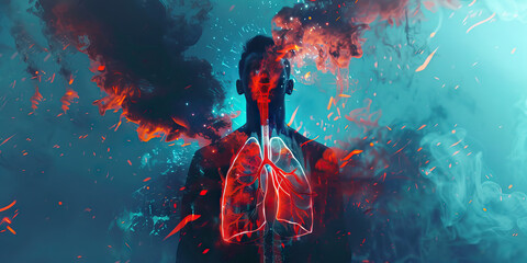Pulmonary Embolism: The Chest Pain and Shortness of Breath - Visualize a person with highlighted lungs showing blocked artery, experiencing chest pain and shortness of breath, illustrating the symptom - obrazy, fototapety, plakaty