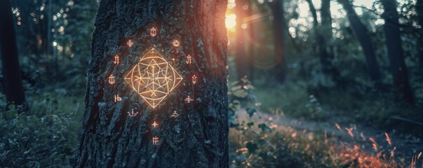 drawn magic symbols on a tree in the forest.