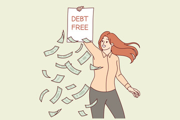 Woman demonstrates debt free inscription on contract, rejoicing at fulfillment of lender obligations and full repayment of loan. Girl lawyer suggests starting bankruptcy proceedings to get rid of debt