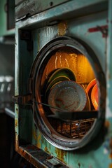 Fototapeta premium In this close-up image, the open door of a dishwashing reveals a collection of dirty plates and cups inside 