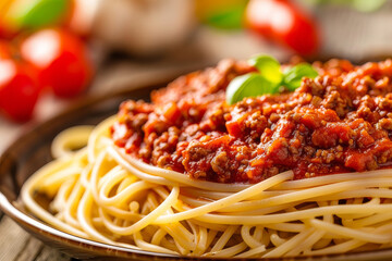Spaghetti Bolognese emphasizing the rich tomato and meat sauce coating the strands of perfectly cooked spaghetti - Generative AI - obrazy, fototapety, plakaty