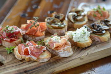 A variety of gourmet bruschetta options on a wooden board, focusing on creative toppings like prosciutto and fig, mushroom and thyme, or smoked salmon and cream cheese - Generative AI