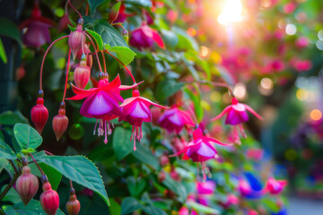 The splendor of fuchsia flowers in a garden setting, focusing on how these plants add a touch of elegance and color to garden landscapes - Generative AI - obrazy, fototapety, plakaty