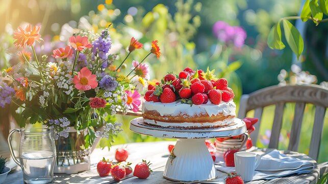 Summer objects in a garden strawberry cake and a bouquet with summer flowers