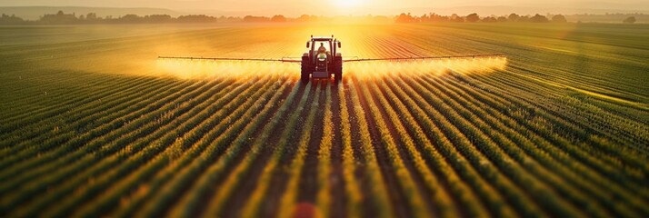 Tractor Spraying Pesticides on Farmland at Sunset