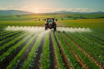 Agricultural Spraying: Modern Tractor on the Field in Evening Light