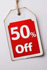 Obraz na płótnie Canvas Red Sale Tag with 50% Off Discount on White Background