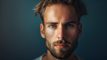 Close-up portrait of a serious man with a beard in a casual outfit, dark room - Powered by Adobe