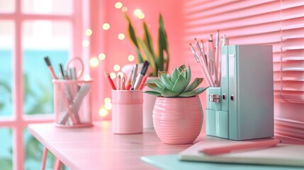 Soft pink tones define a serene and minimalist home office setup
